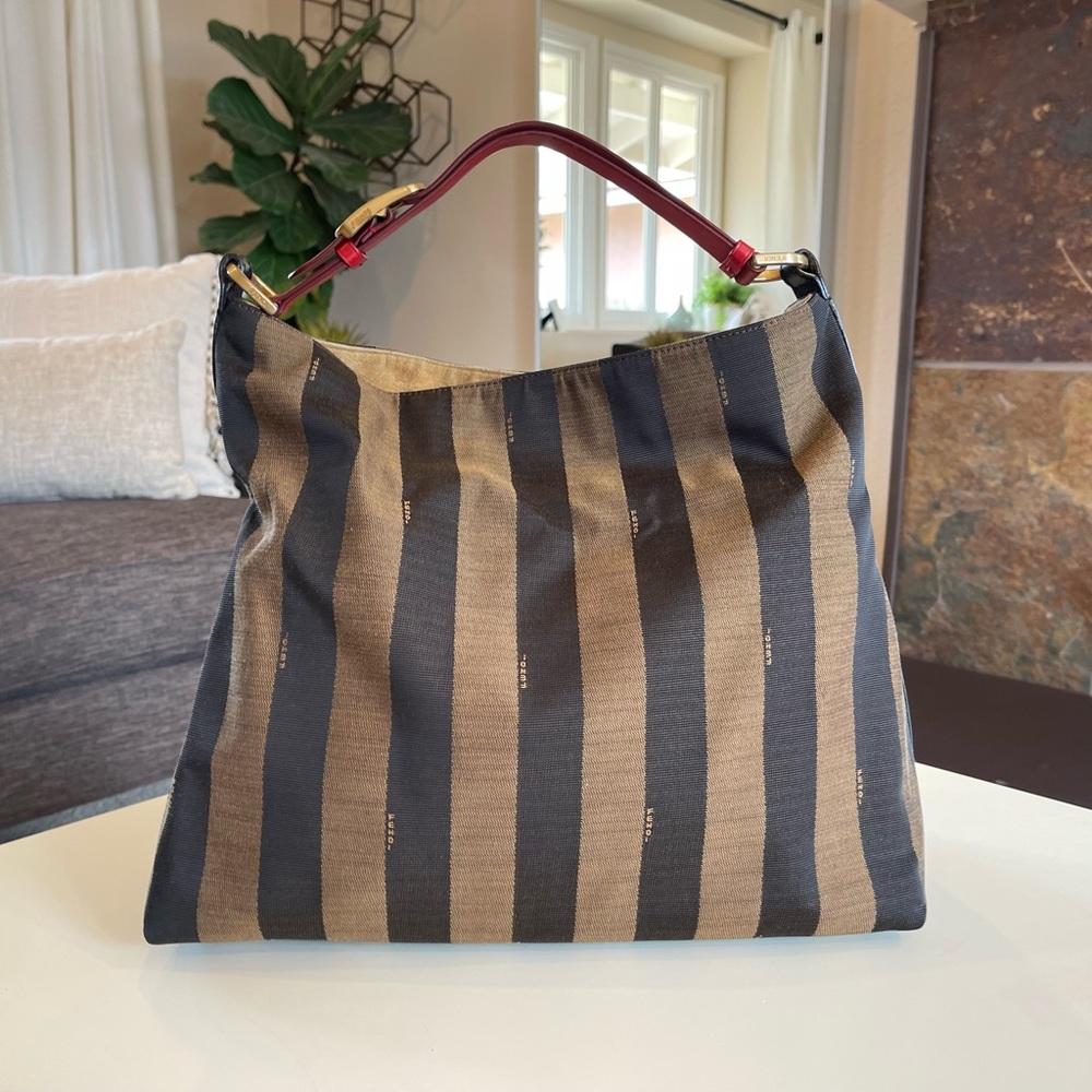 Authentic Vintage Fendi Tobacco Pequin Large Hobo Tote Bag